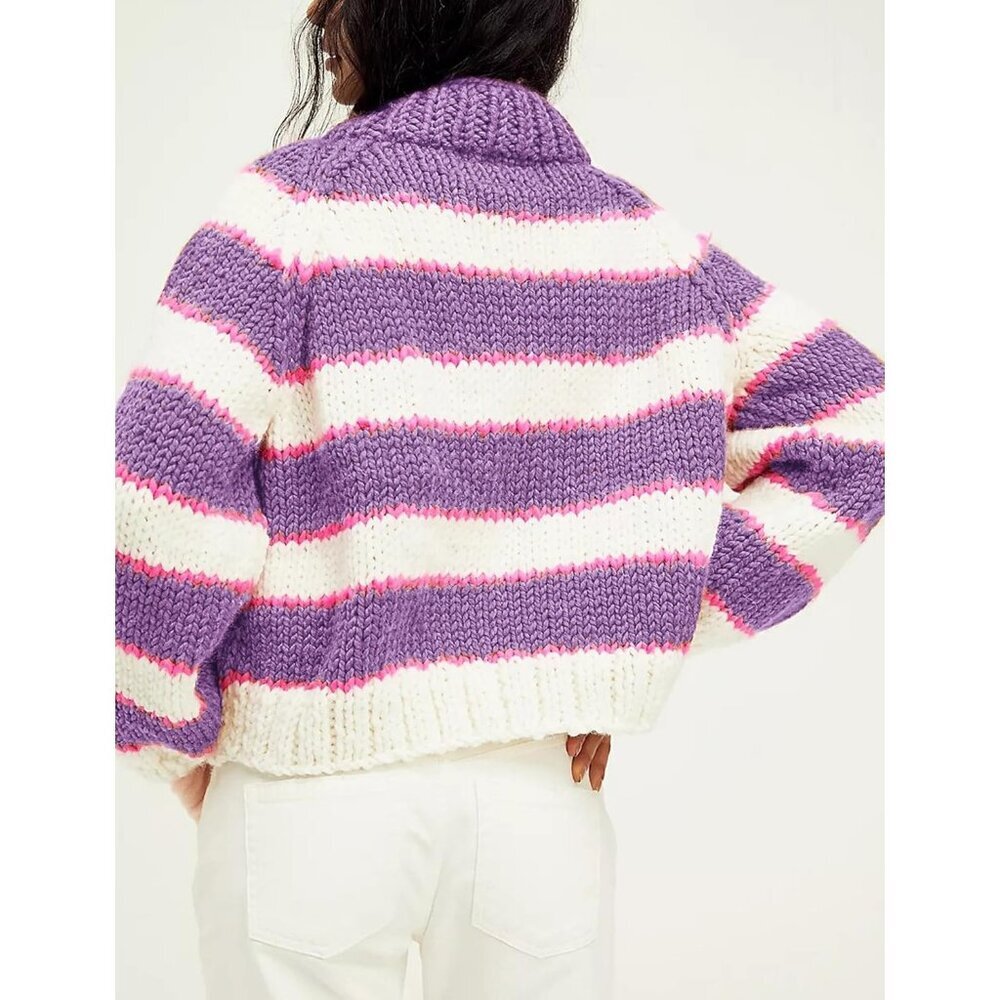 Women's Stripe Pullover Sweater Turtleneck Ribbed Top Chunky Knitwear Purple - Picture 4 of 4